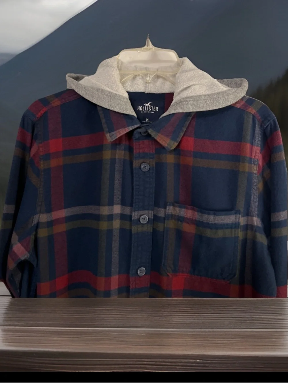 Hollister Hooded Button Up Shirt Jacket Men Navy Plaid Y2K Shacket Gray Hood Med